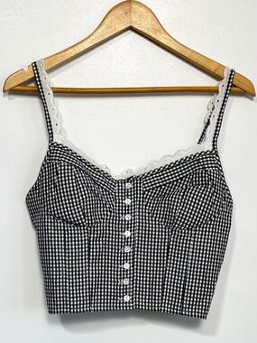 NWT SIM & SAM Gingham Corset Crop Top Lace Bustier Black White Cami Size L